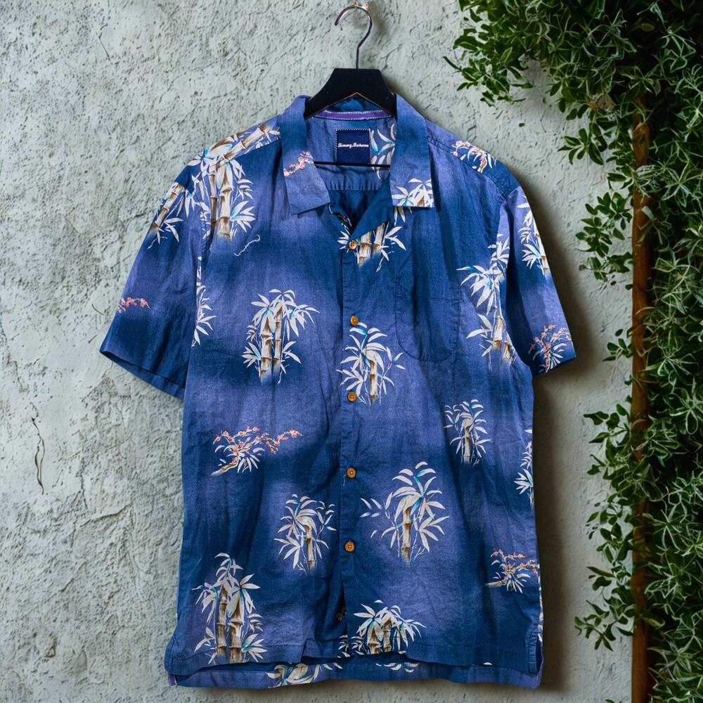 Tommy Bahama Hawaiian Camp Shirt Mens XL Blue Bamboo Floral Button Up